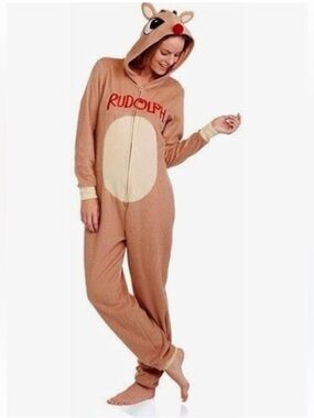 💵NWT Rudolph Reindeer Onesie - Brown with Cream Belly & Red Nose Small/Medium